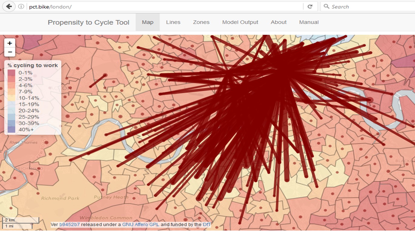 Top cycle commuting flows in South London, courtesy of pct.bike